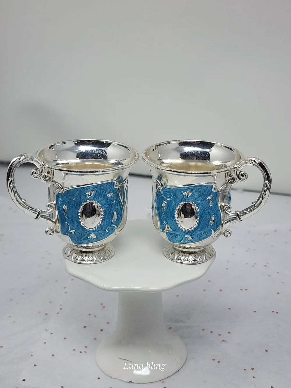 Decorative Silver-Tone Goblets with Turquoise and Gold Accents